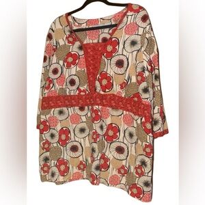 Liz & Me Fun Colorful Print Top White/Tan/Red/Black 100% Cotton Plus Size 3x